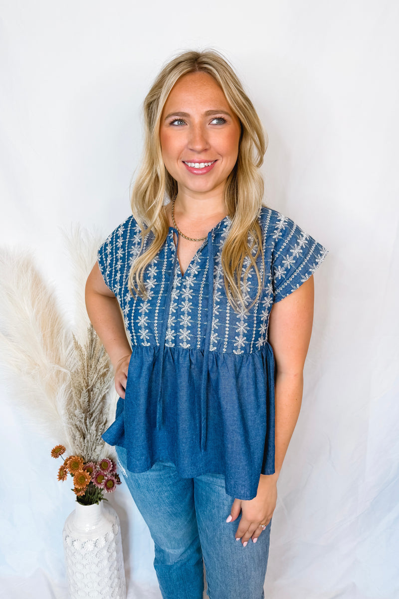 Just For Fun Babydoll Embroidery Blouse - Dark Denim