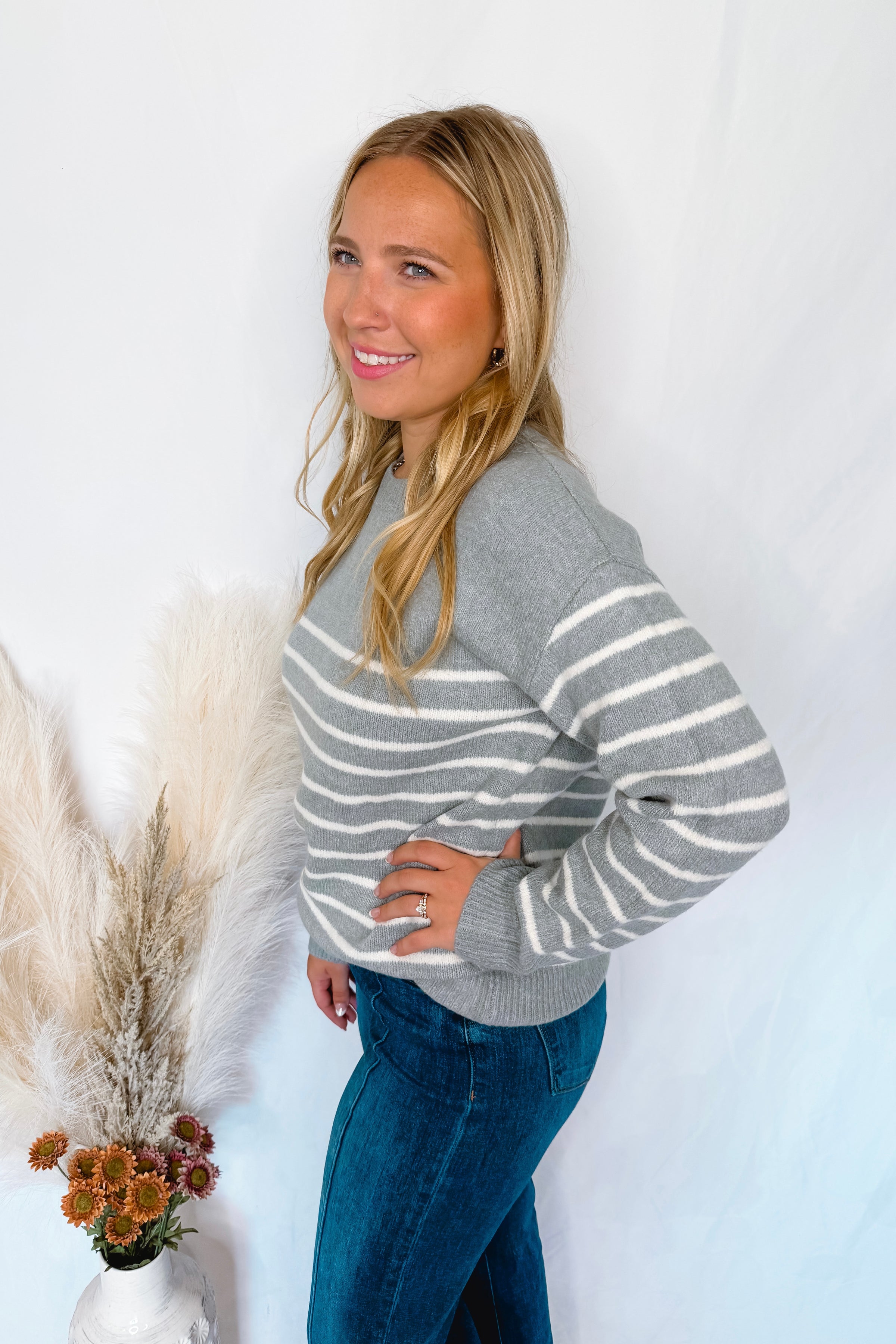 High Energy Striped Crew Neck Sweater - Dusty Blue