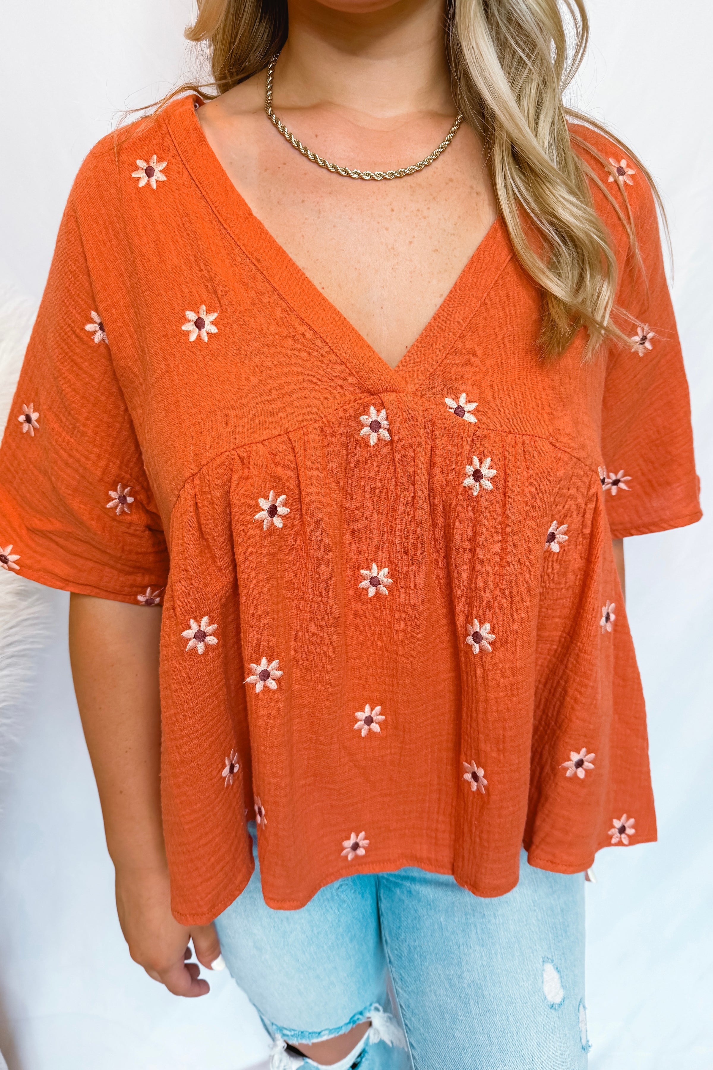 Daisy Smiles Embroidered Ruffle Babydoll Top - Rust