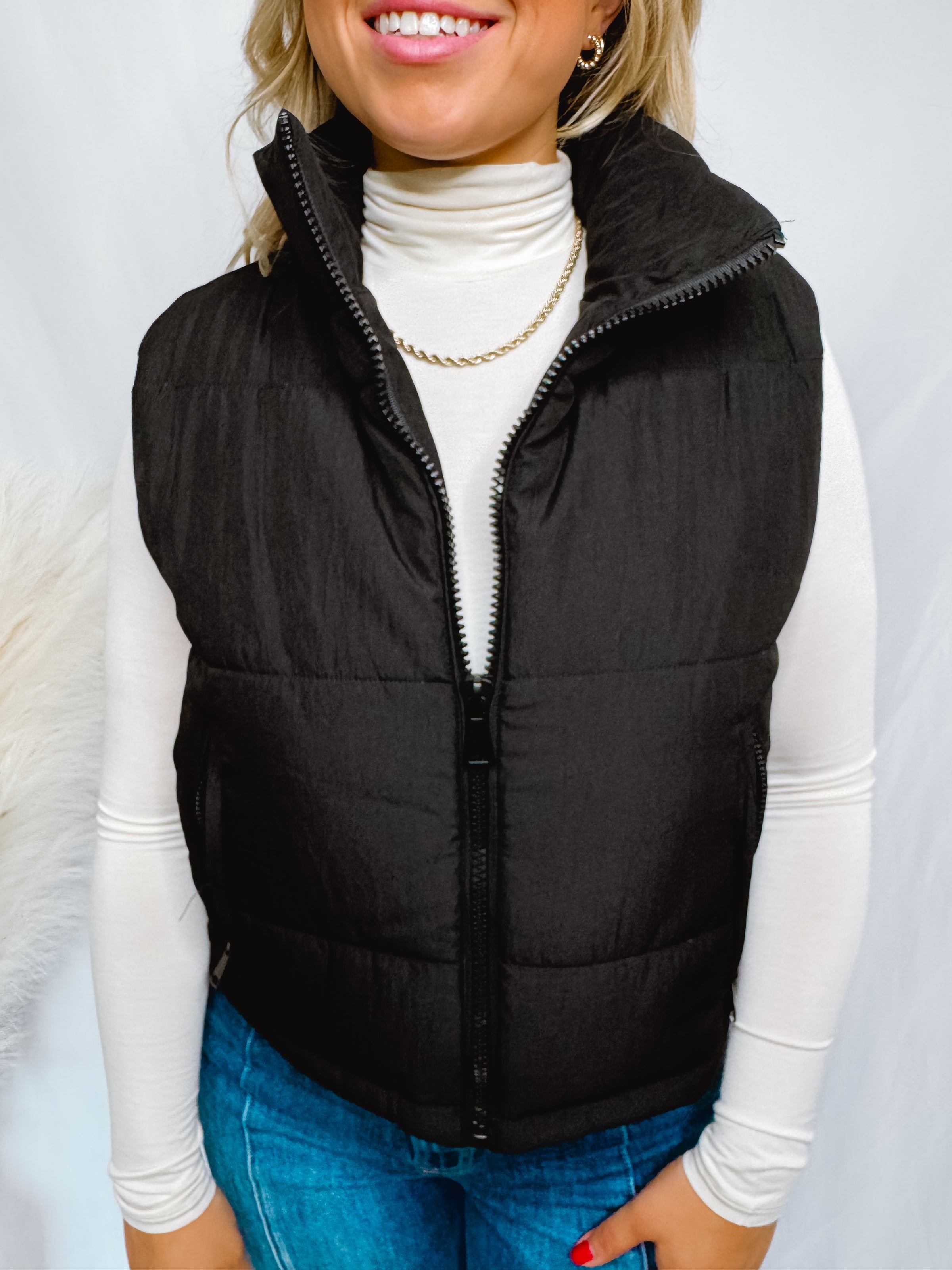 Marnie Zip Up Puff Vest - Black