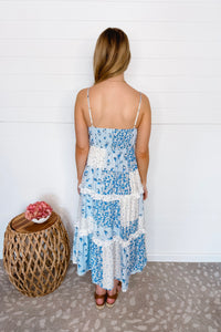 Garden Haze Patchwork Midi Dress - Blue