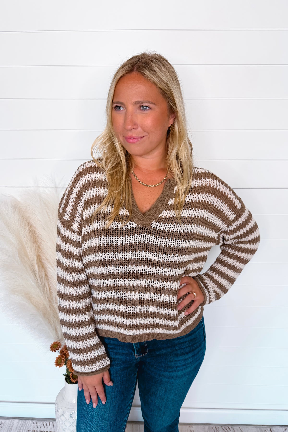 Road Trip Stripe Lightweight Sweater - Mocha/Ivory
