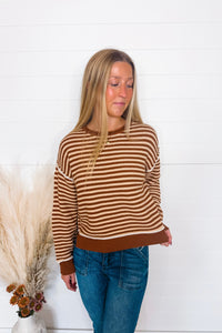 Cooler Evening Striped Knit Sweater - Mocha/Cream