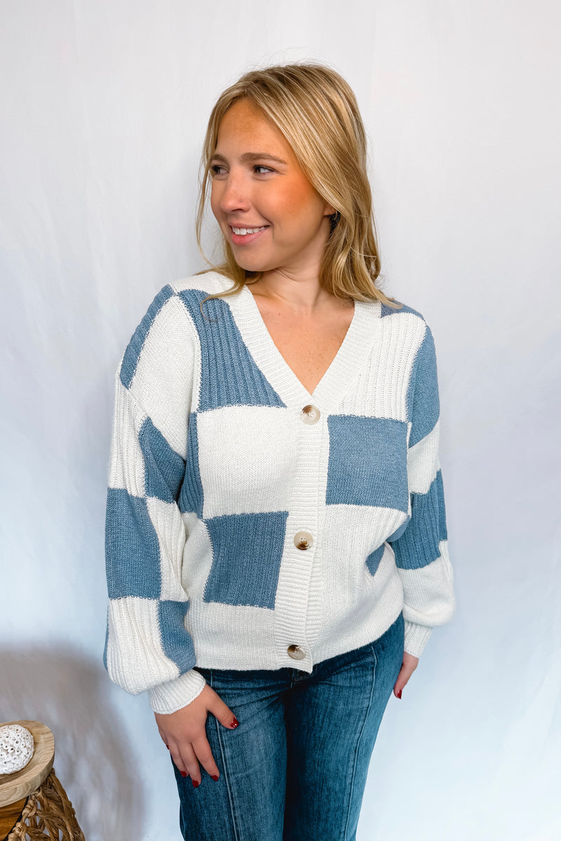 Grateful Days Checkered Button Cardigan - Blue