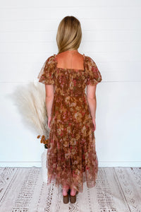 Phoebe Puff Sleeve Tulle Midi Dress - Light Brown Multi