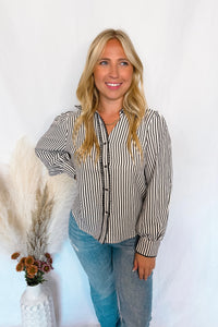 Charm And Chic Striped Button Down Top - Black/Ivory