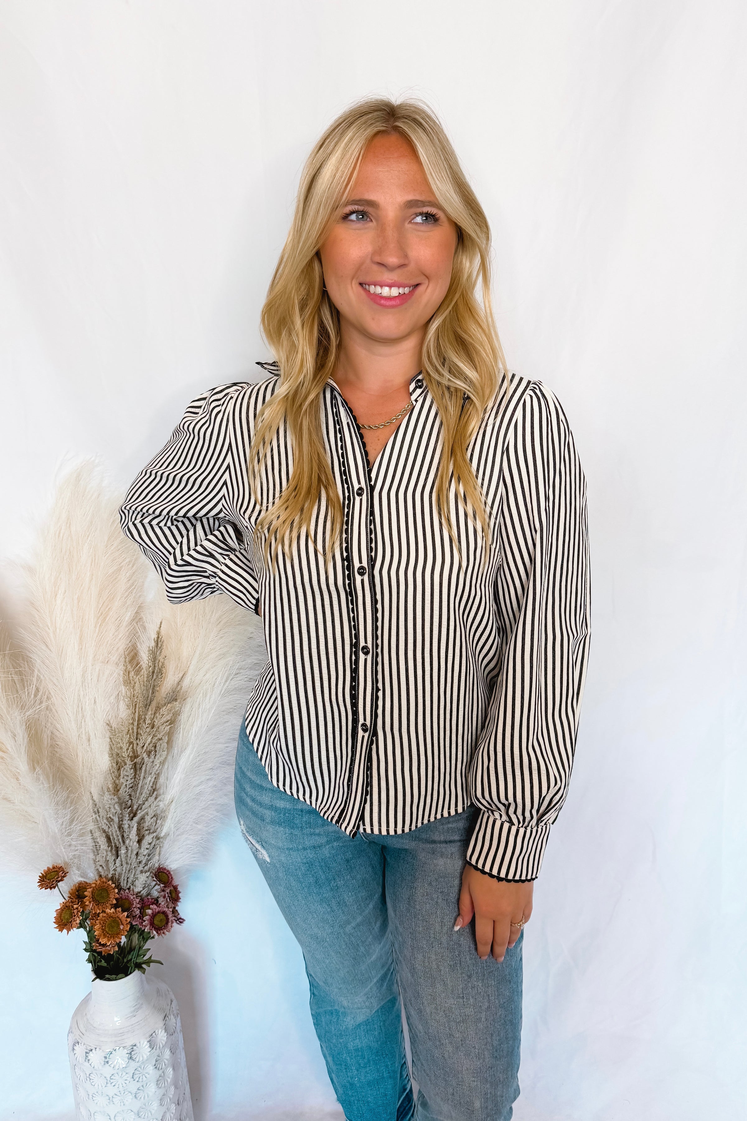 Charm And Chic Striped Button Down Top - Black/Ivory