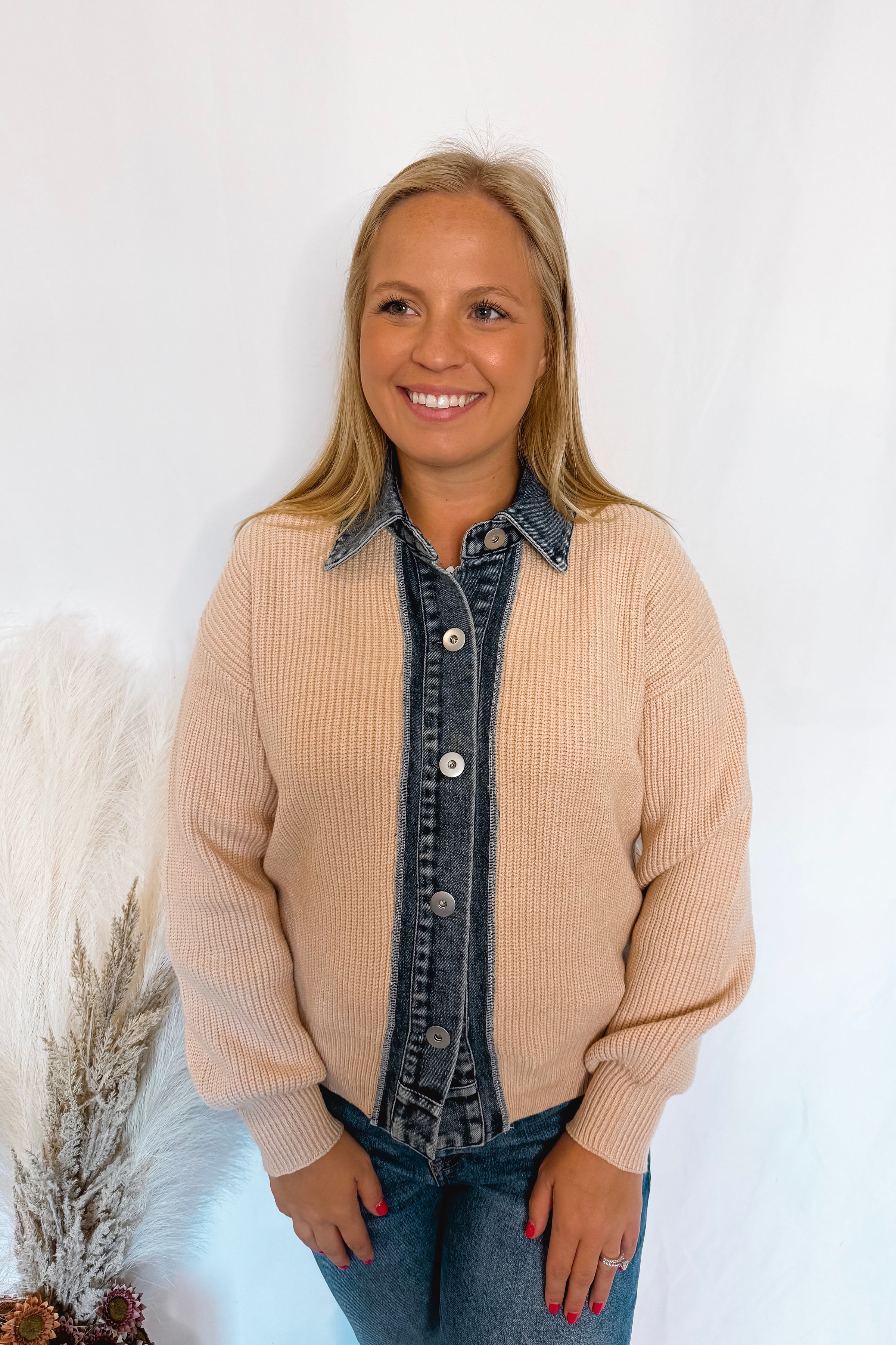 Modern Comfort Denim Contrast Button Sweater - Beige