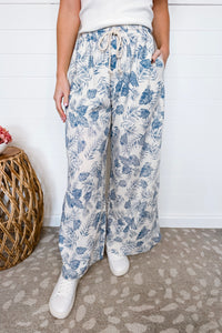 Summer Days Tropical Palm Leaf Wide Leg Pants - Blue/Ivory