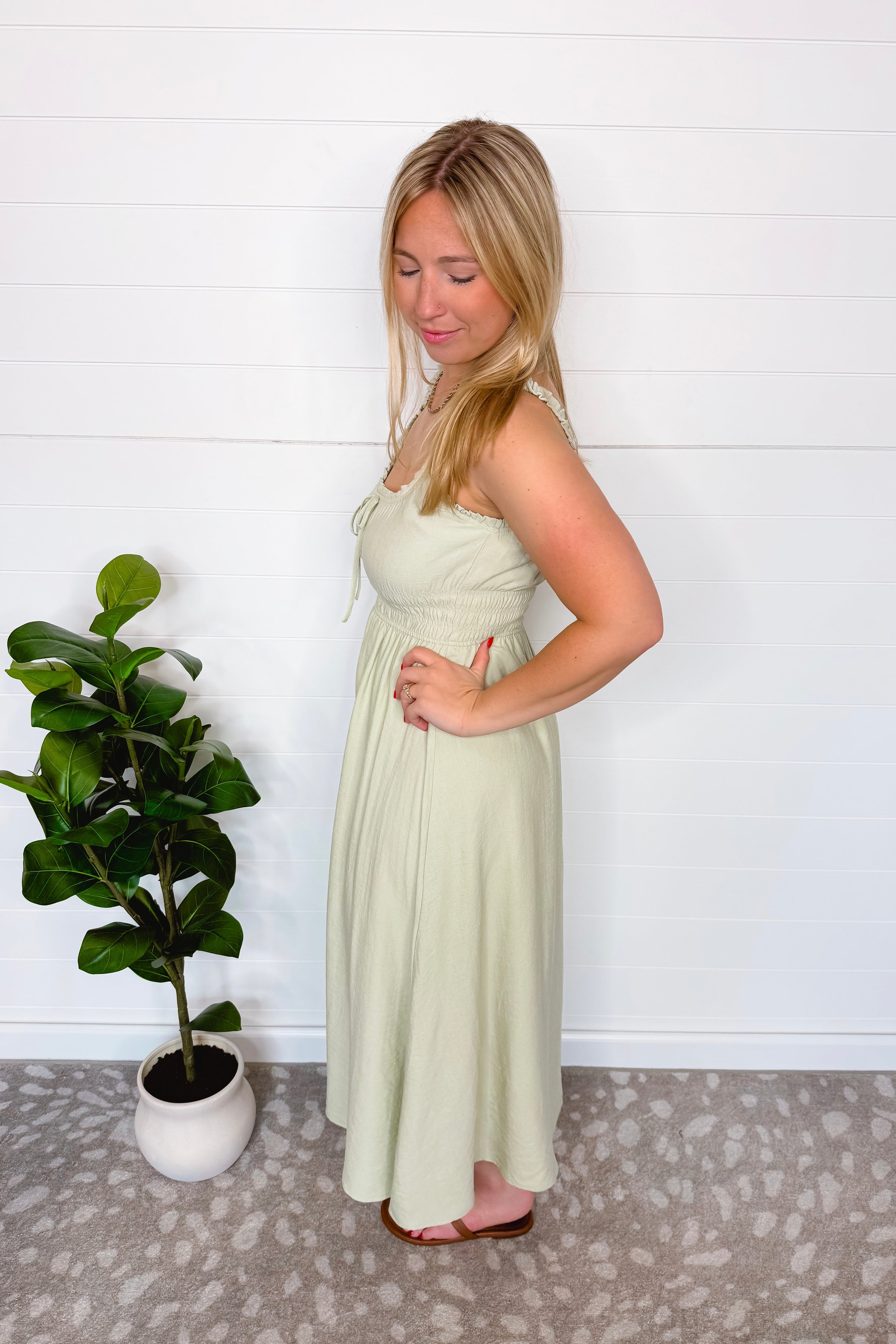 Summer Delight Shirred Midi Dress - Sage