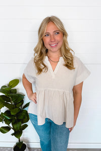 Annie Striped Split Neck Peplum Top - Taupe