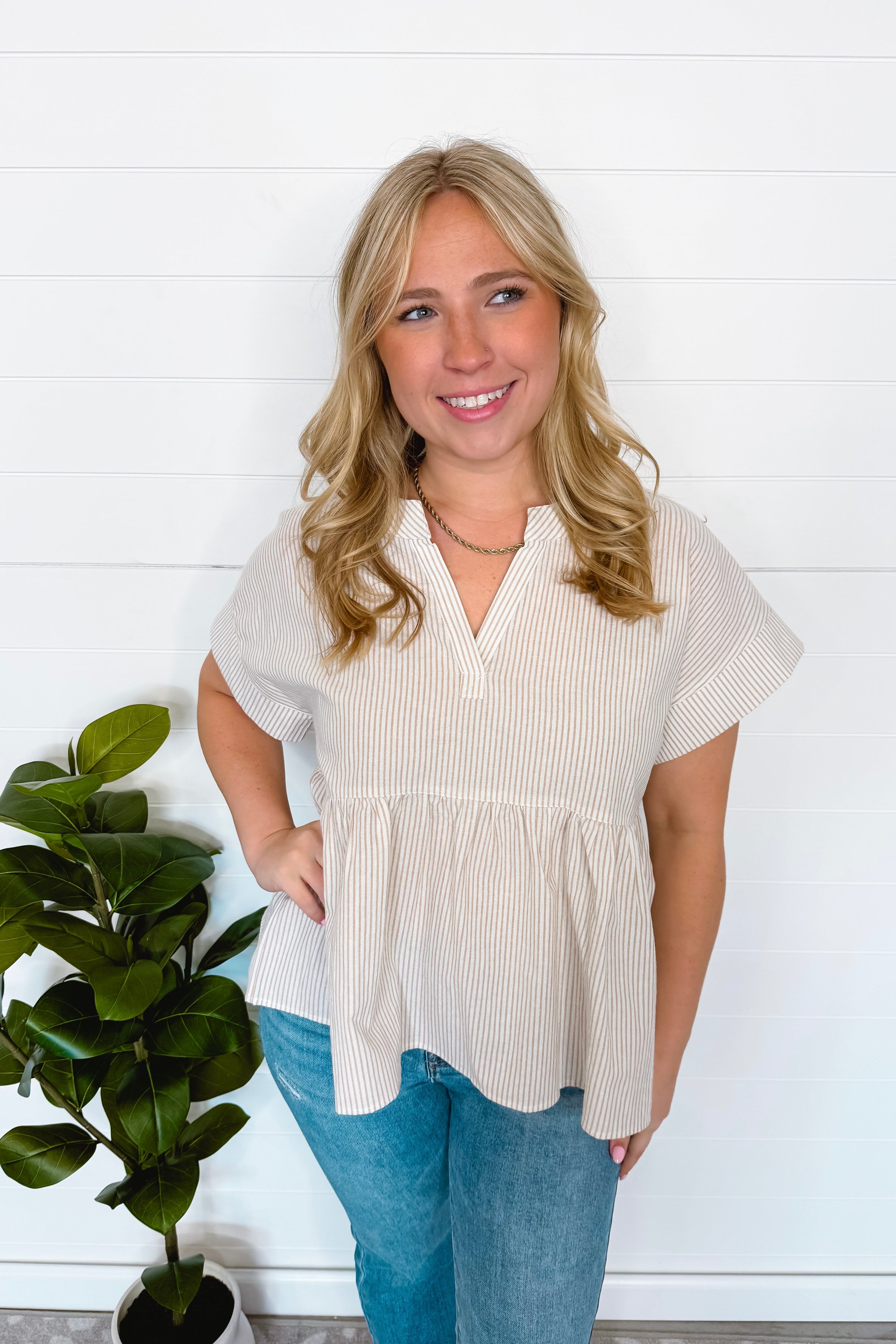 Annie Striped Split Neck Peplum Top - Taupe
