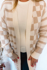 Keep It In Check Open Cardigan - Tan/Ivory
