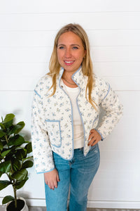 Sunny Horizon Quilted Floral Jacket - Ivory/Blue