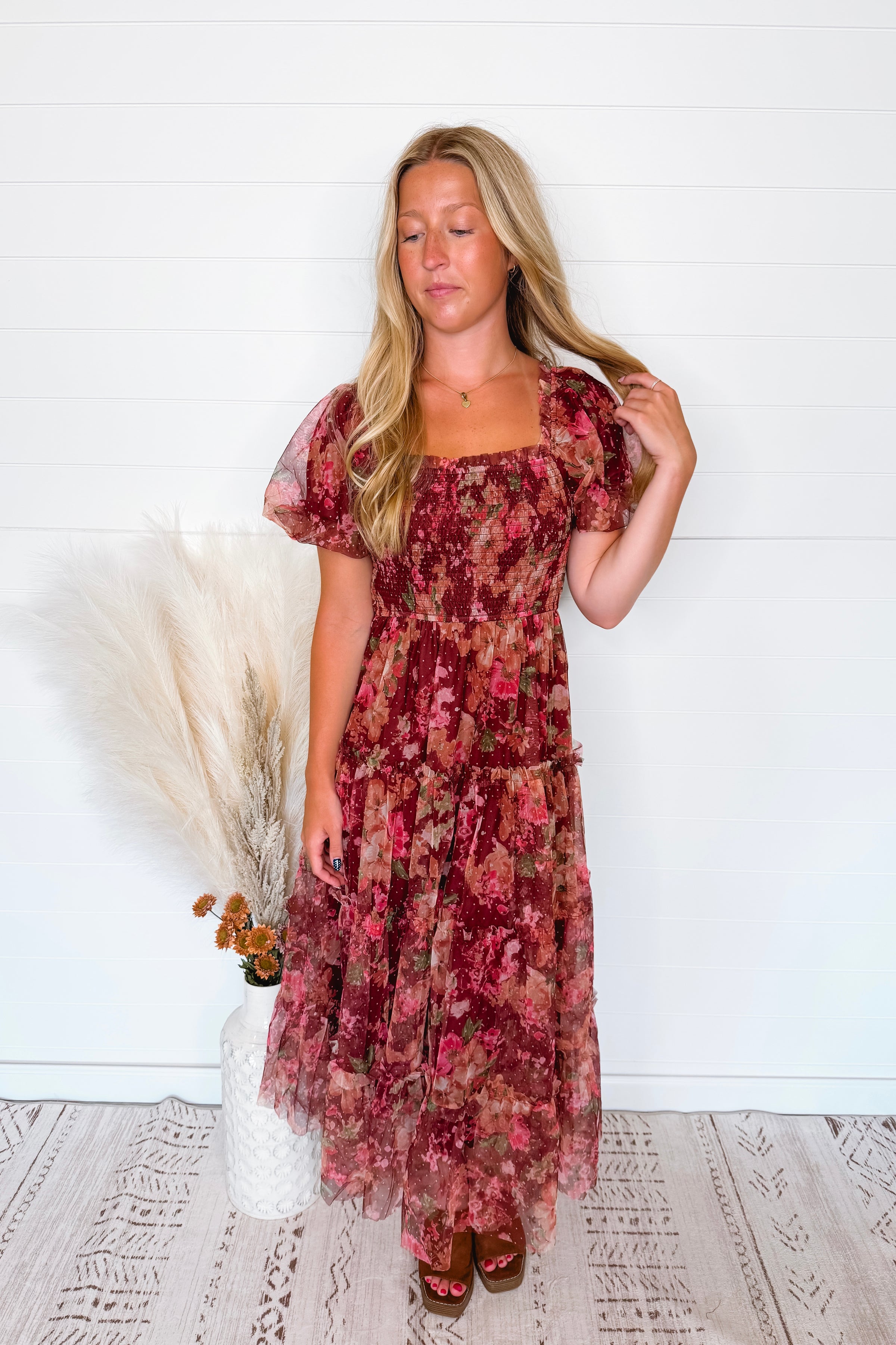 Phoebe Puff Sleeve Tulle Midi Dress - Burgundy Multi