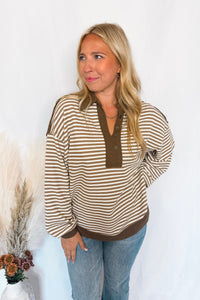 Casual Cocoa Striped Collared Top - Mocha