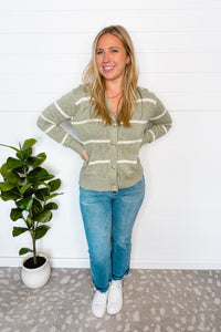 Everyday Striped Lightweight Button Cardigan - Sage