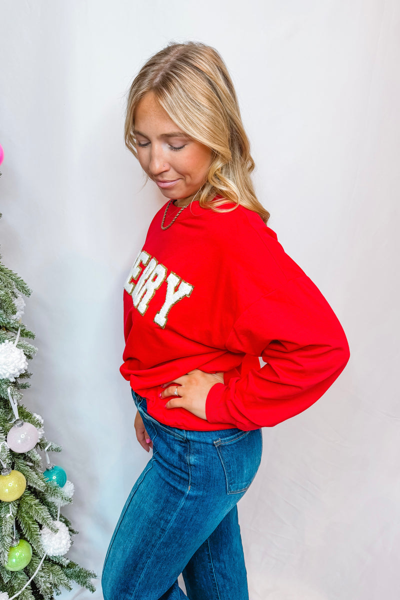 Merry Letter Patch Crew Neck Pullover- Red