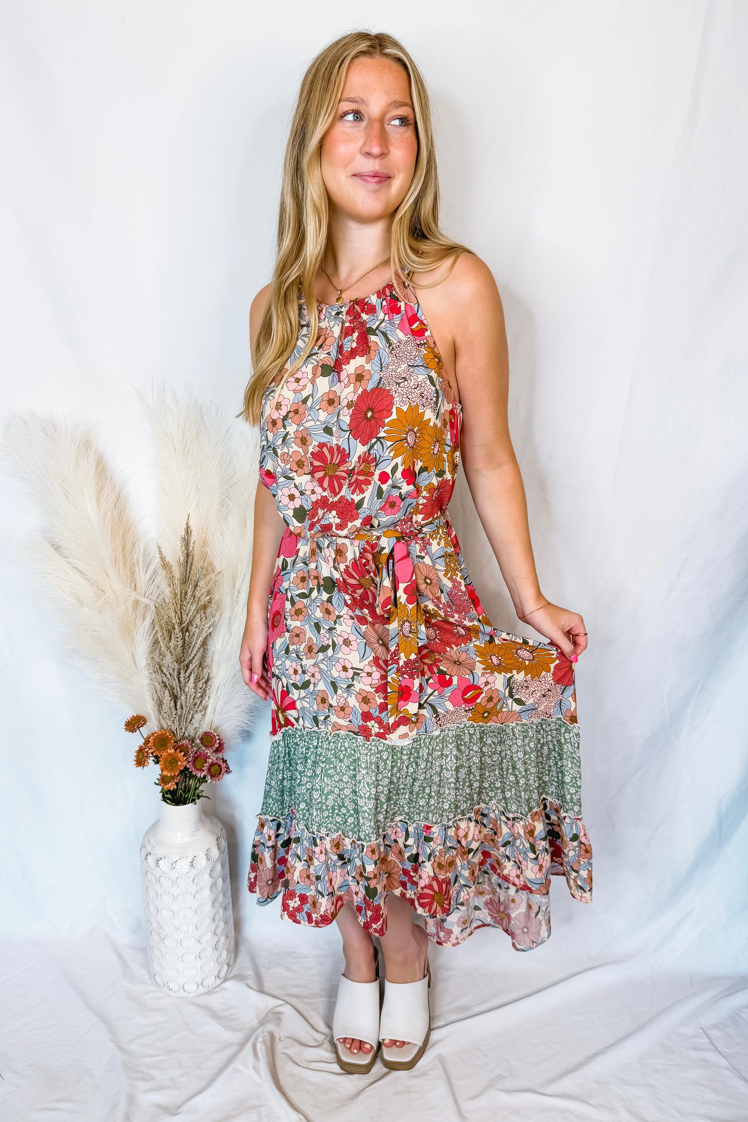 Close To Me Floral Halter Dress - Rose/Sage