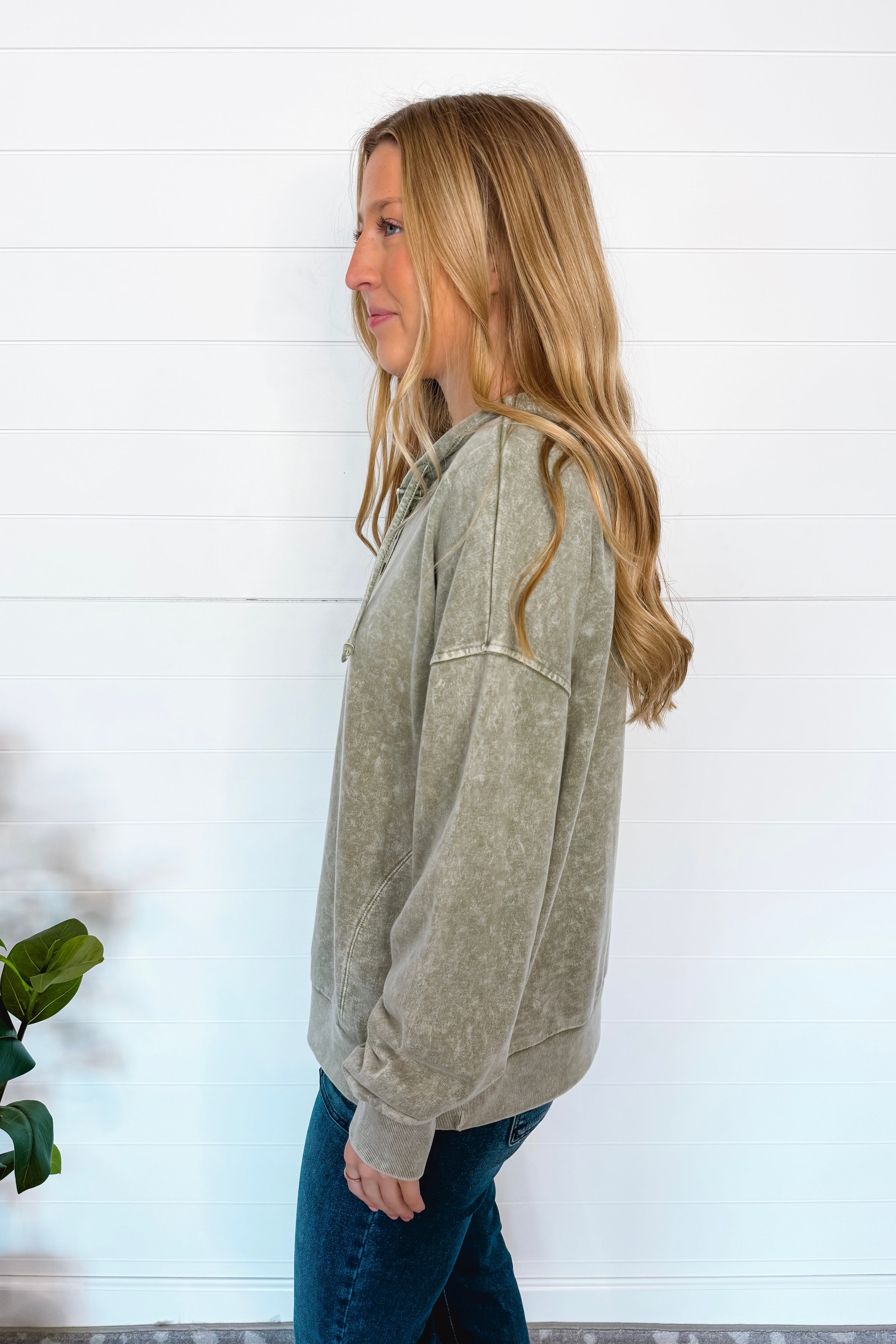 All Day Casual Mineral Washed Henley Hoodie - Olive