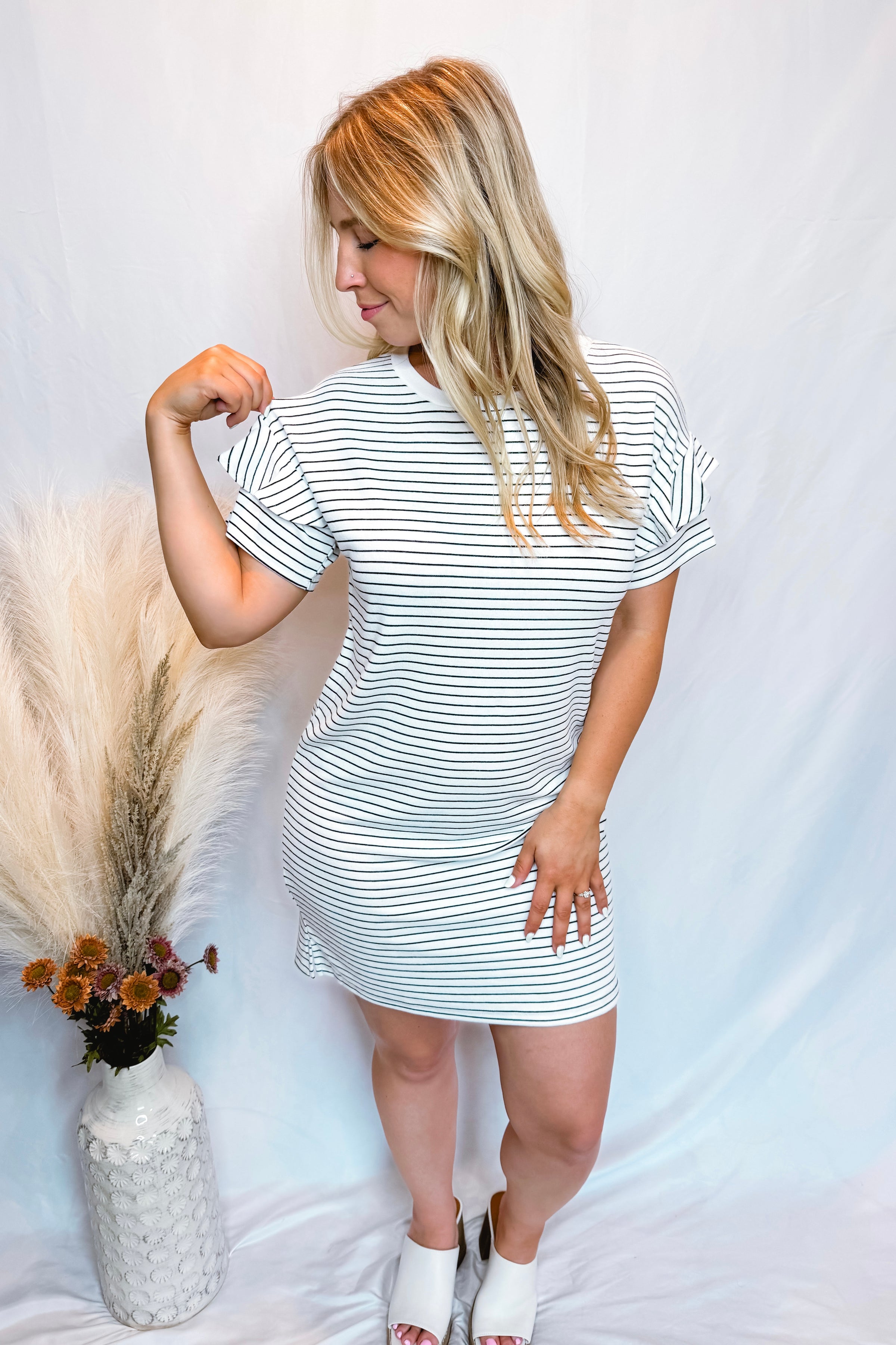 Casual Outing Stripe T-Shirt Dress - White/Black