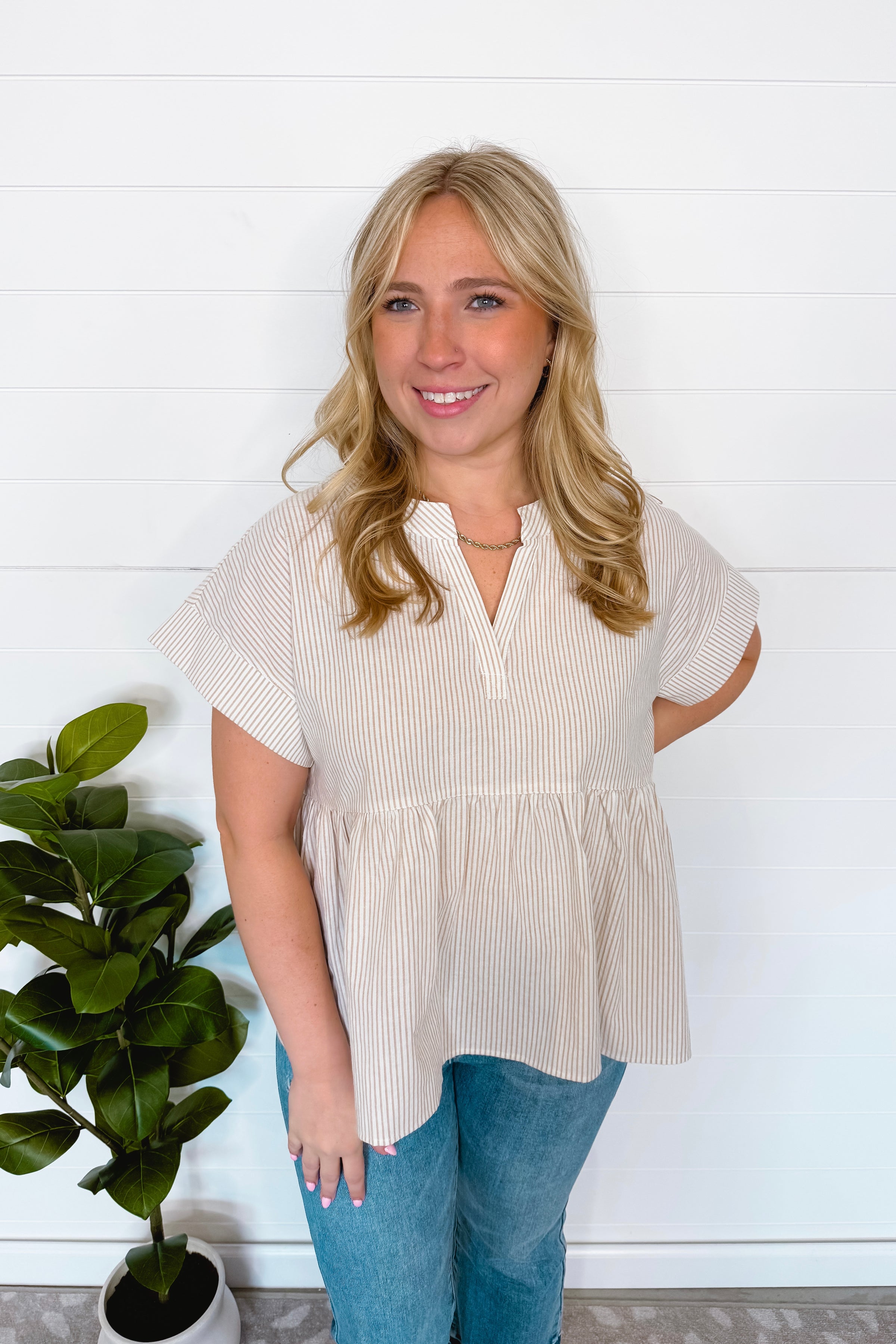 Annie Striped Split Neck Peplum Top - Taupe