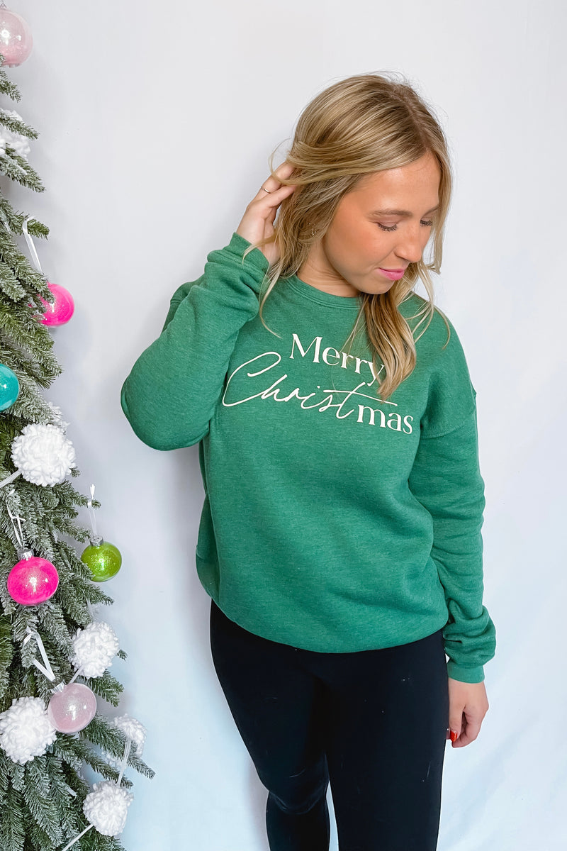 Merry Christmas Crew Neck Pullover - Forest Green