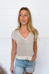 Bright Start Button Down Knit Top - Cream/Tan