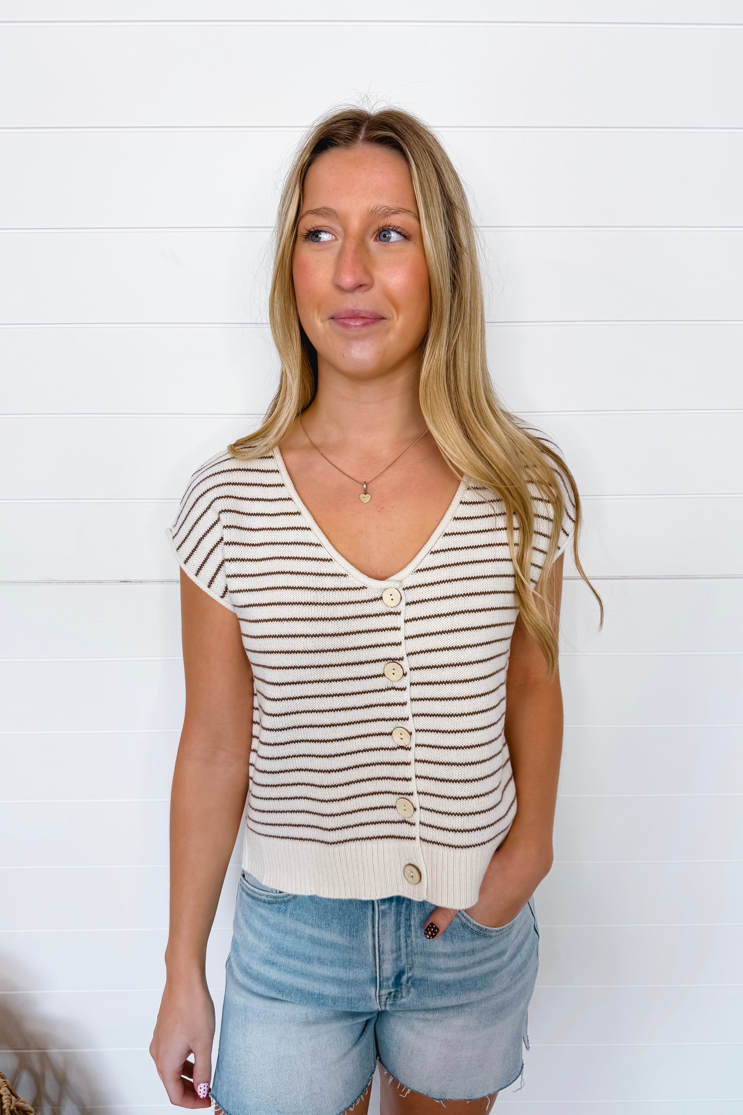 Bright Start Button Down Knit Top - Cream/Tan