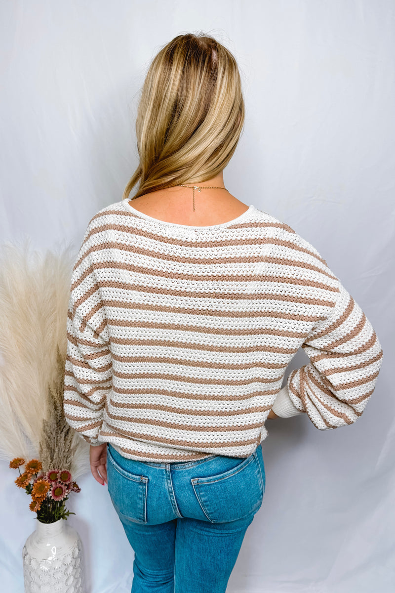 Cool Casual Striped Knit Sweater - Tan/Ivory