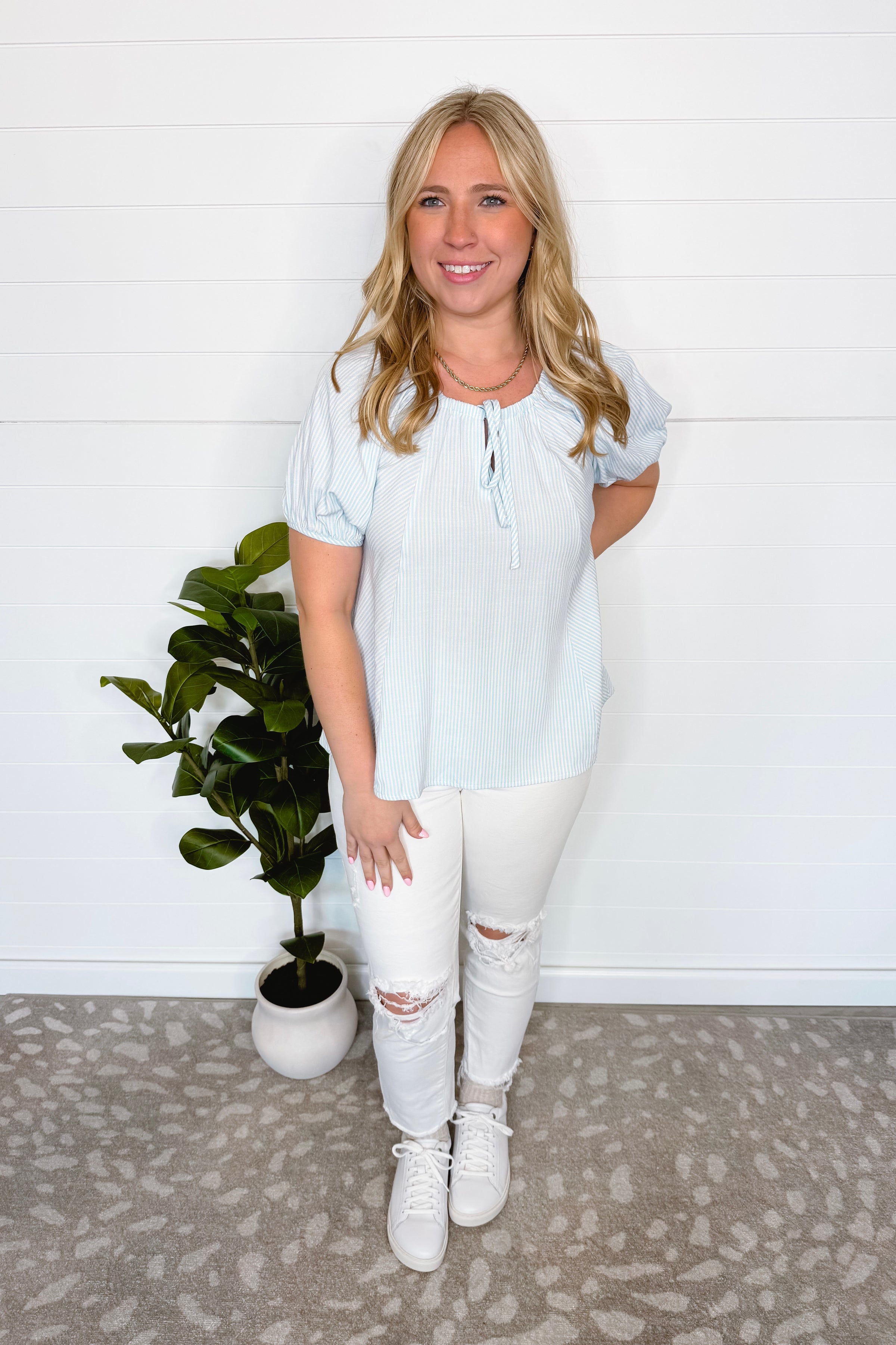 Ocean View Striped Peasant Blouse - Blue