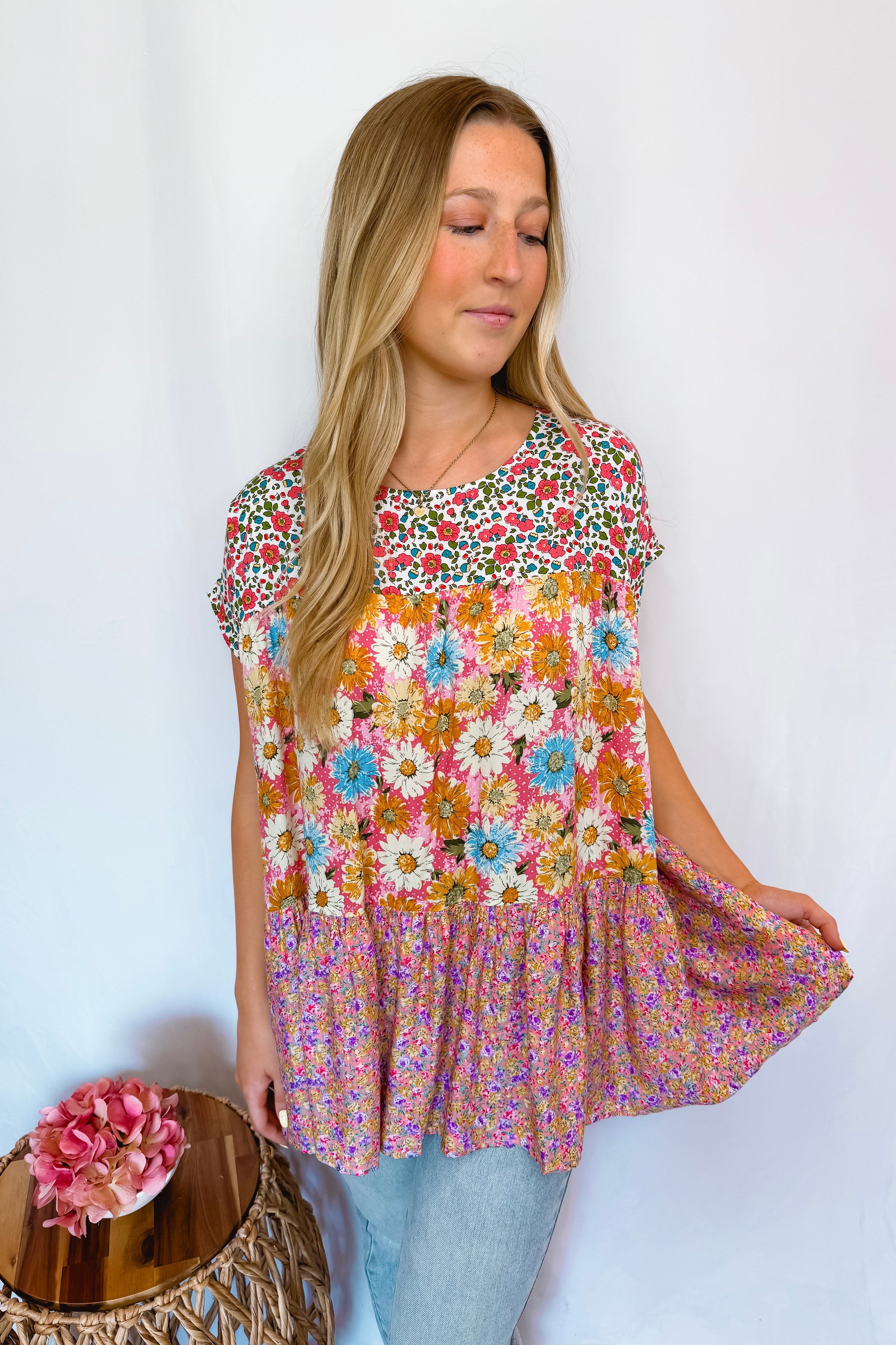 Sunny Gardens Floral Tiered Top - Pink/Blue Multi