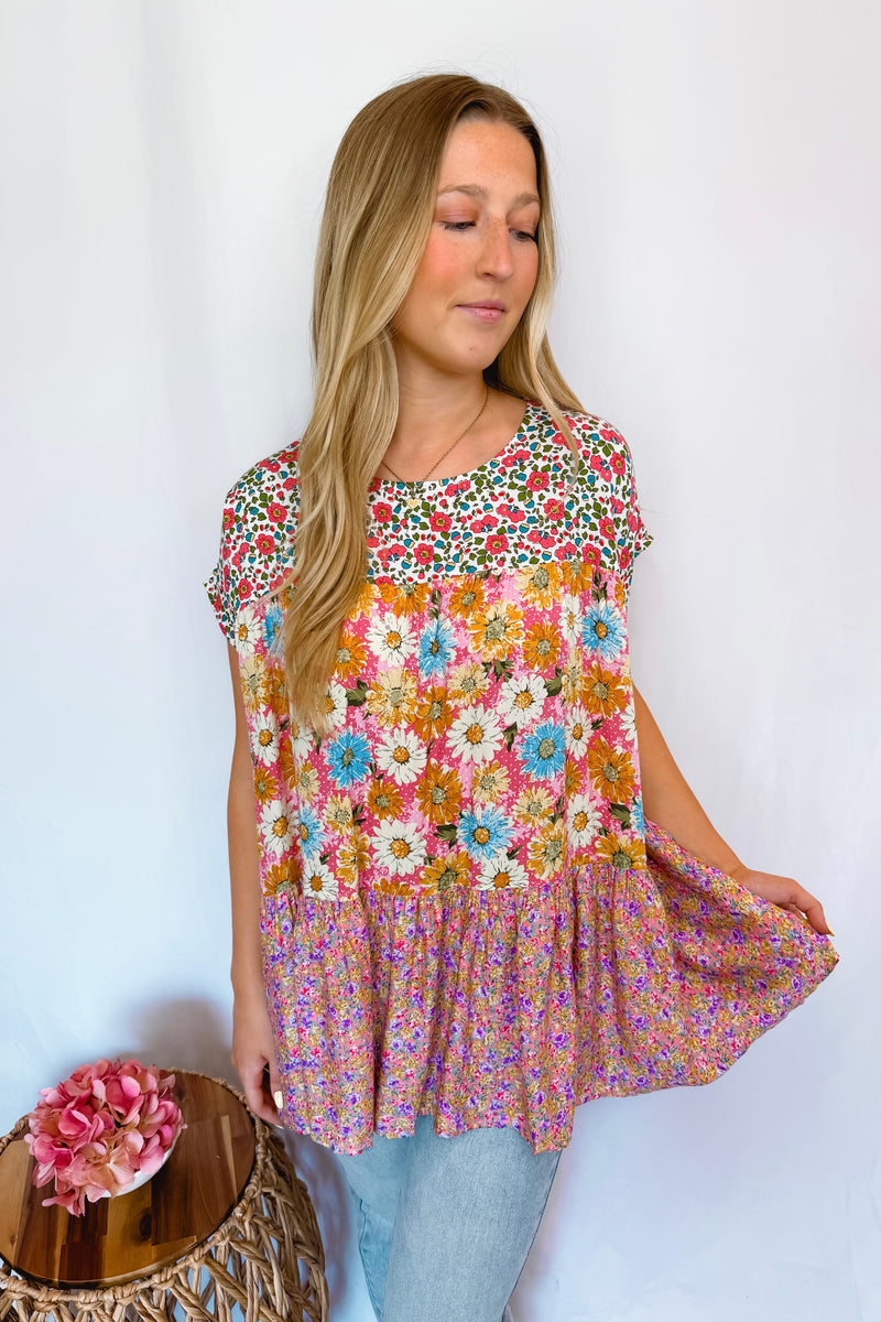 Sunny Gardens Floral Tiered Top - Pink/Blue Multi