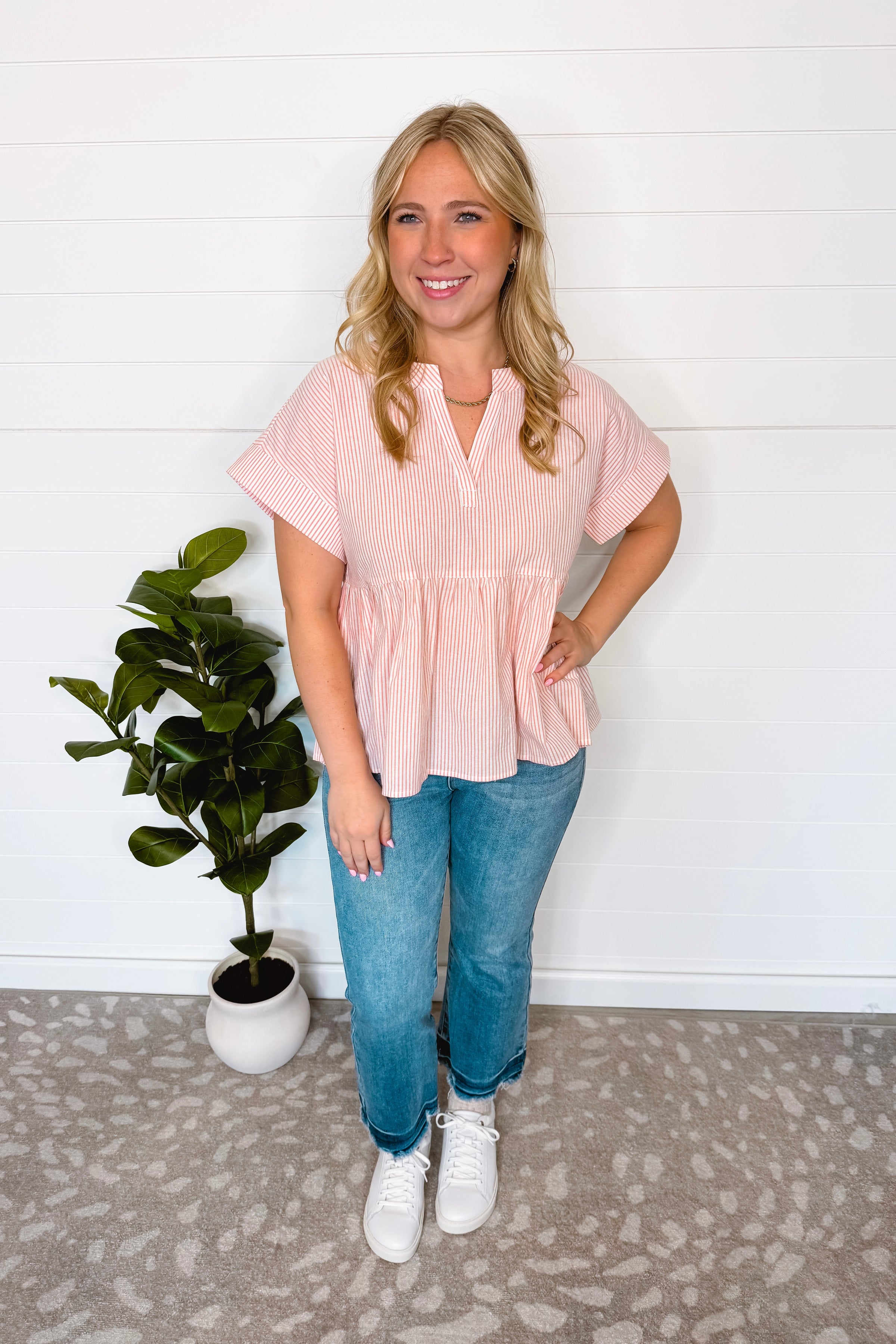 Annie Striped Split Neck Peplum Top - Blush