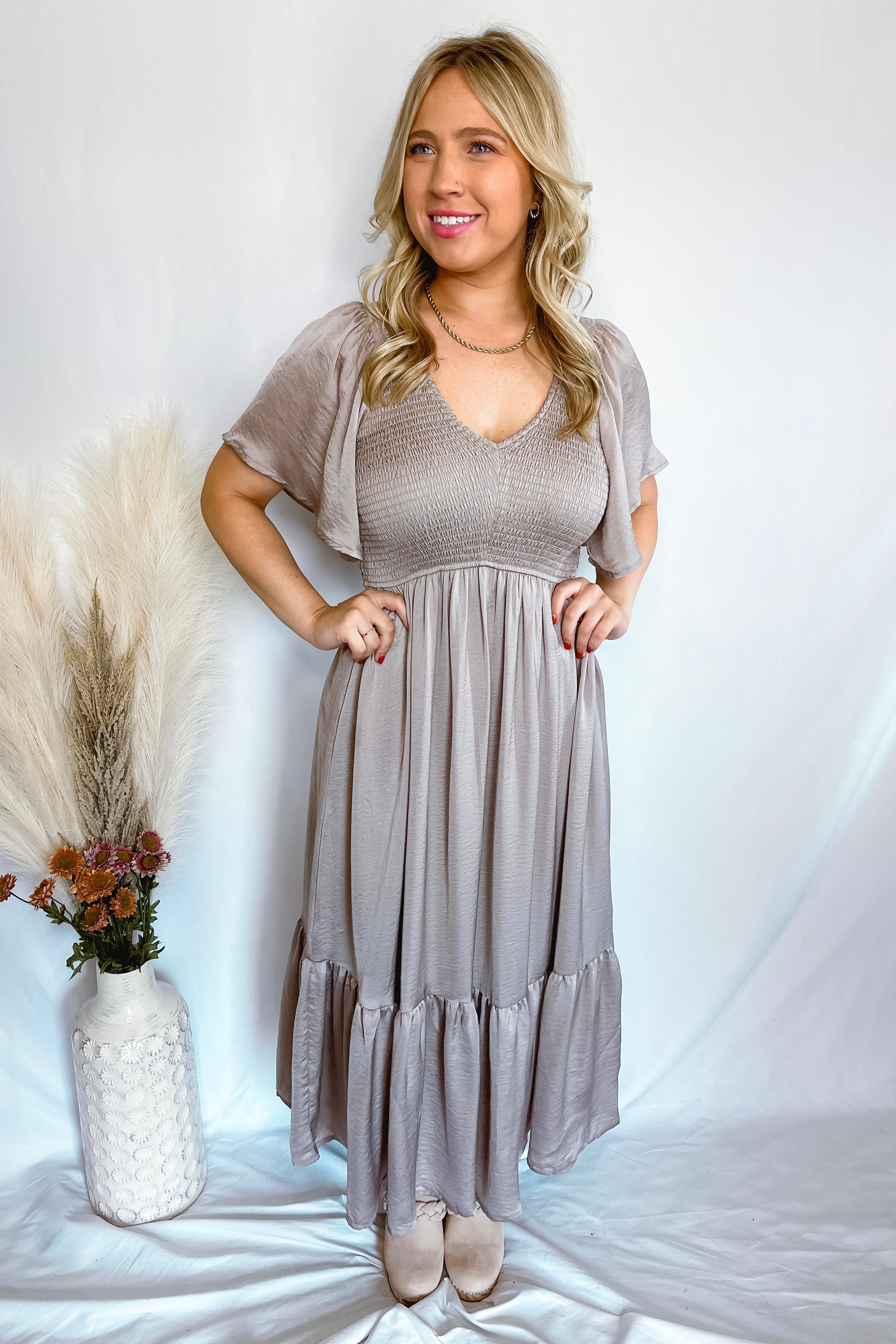 Love At Last Smocked Satin Midi Dress - Cashmere