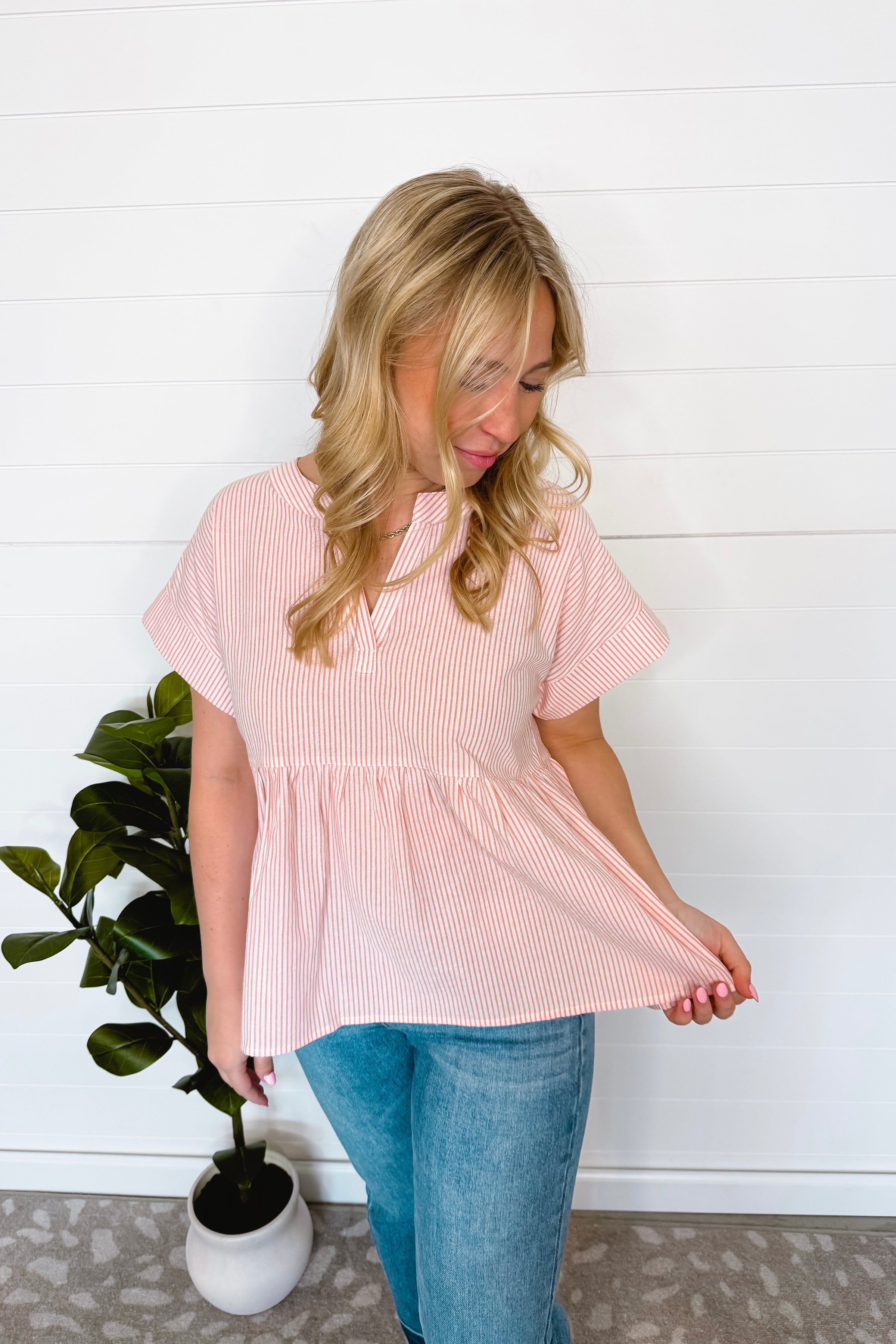 Annie Striped Split Neck Peplum Top - Blush