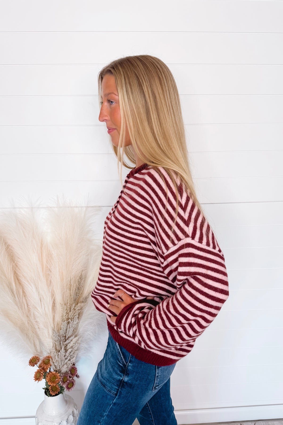 Astrid Lightweight Striped Henley Sweater - Burgundy/Pink