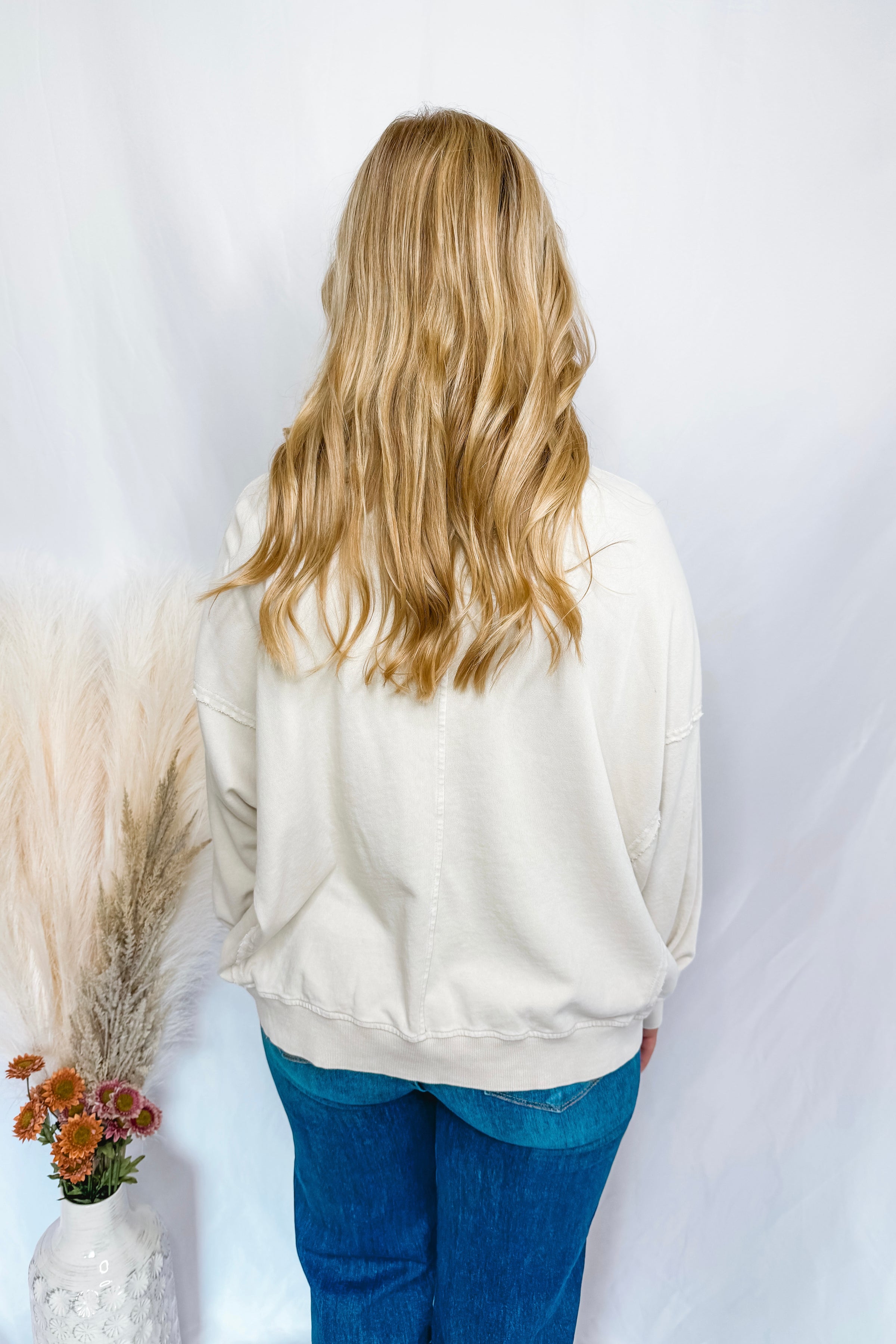 Frayed Flower Mineral Washed Crew Neck Top - Ivory