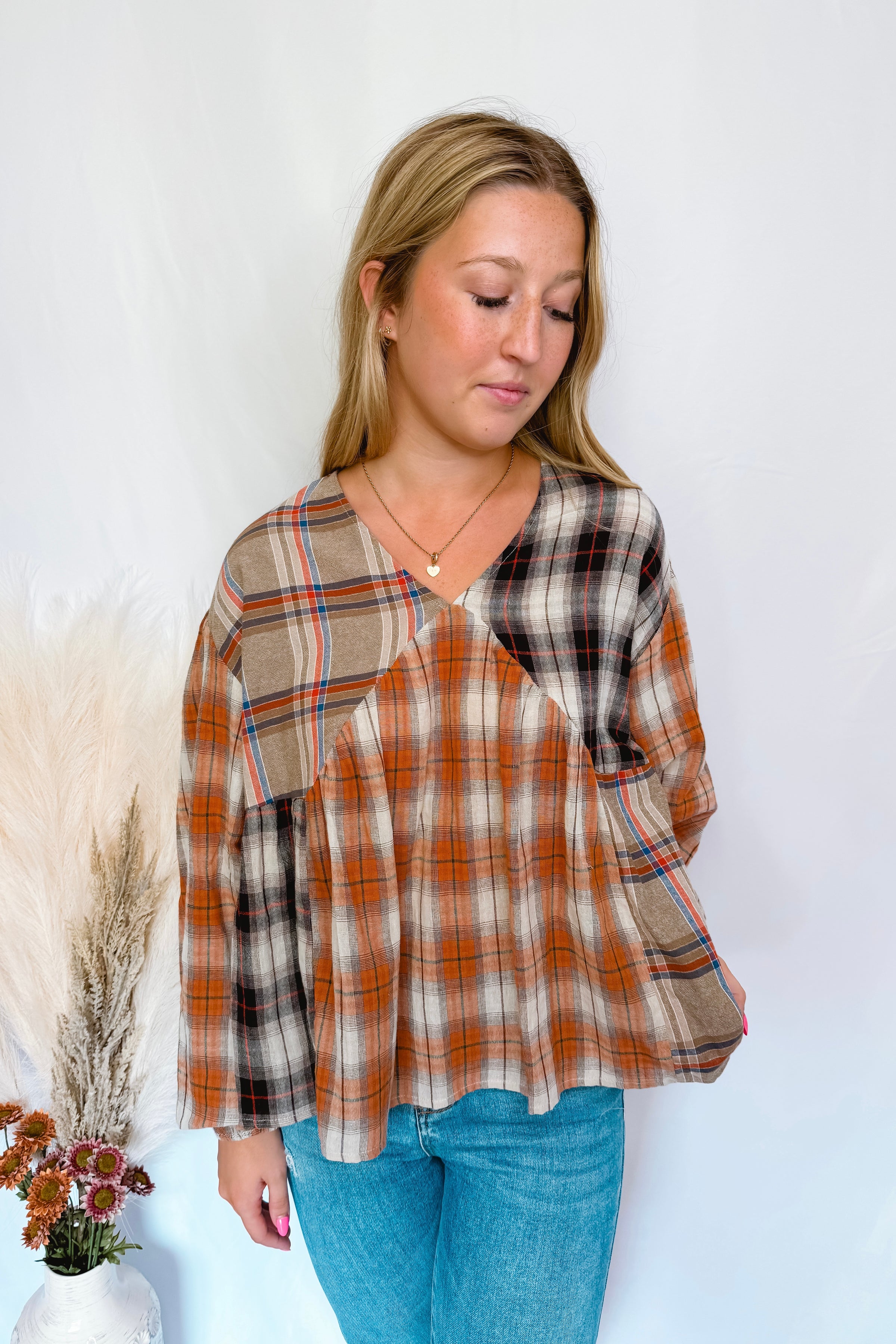 Pretty In Plaid V-Neck Babydoll Top - Mixed Plaid