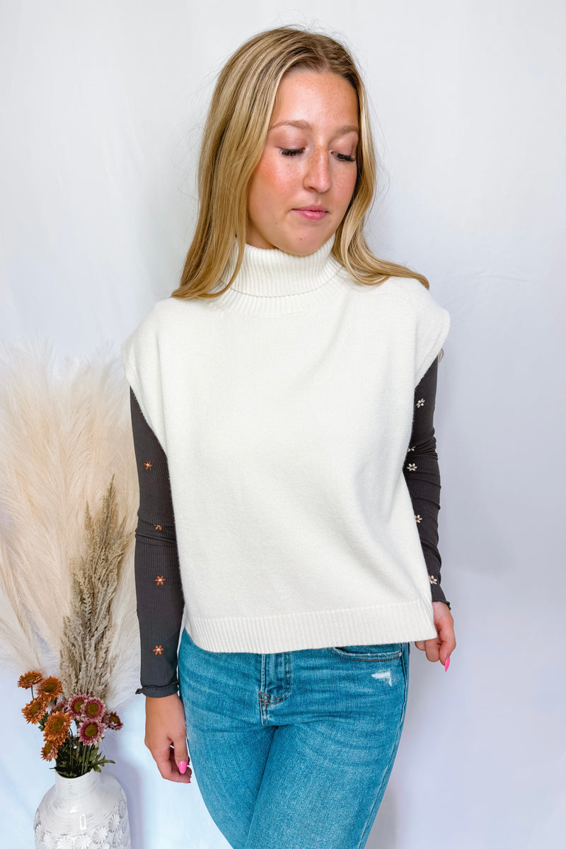 With Love High Low Sleeveless Turtleneck Sweater - Ivory