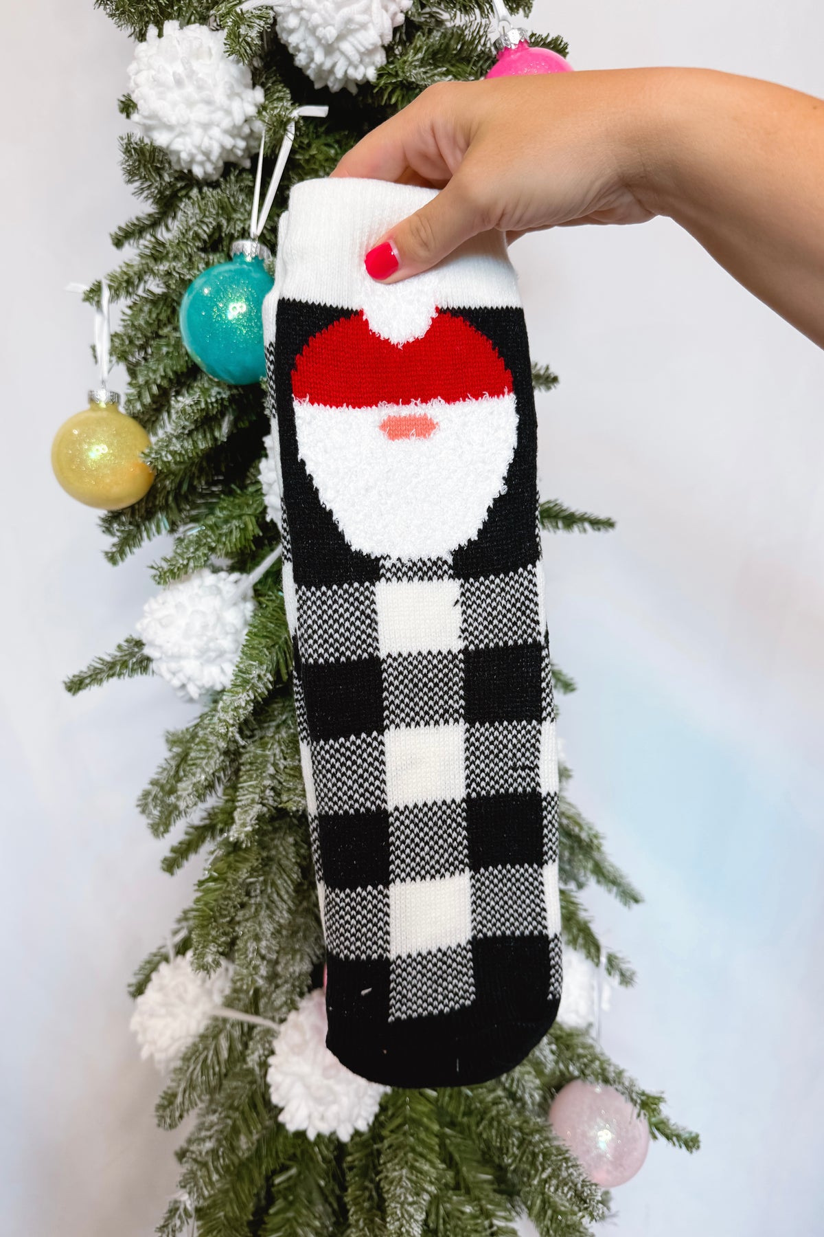Checkered Santa Holiday Sherpa Lined Socks - Pick Color