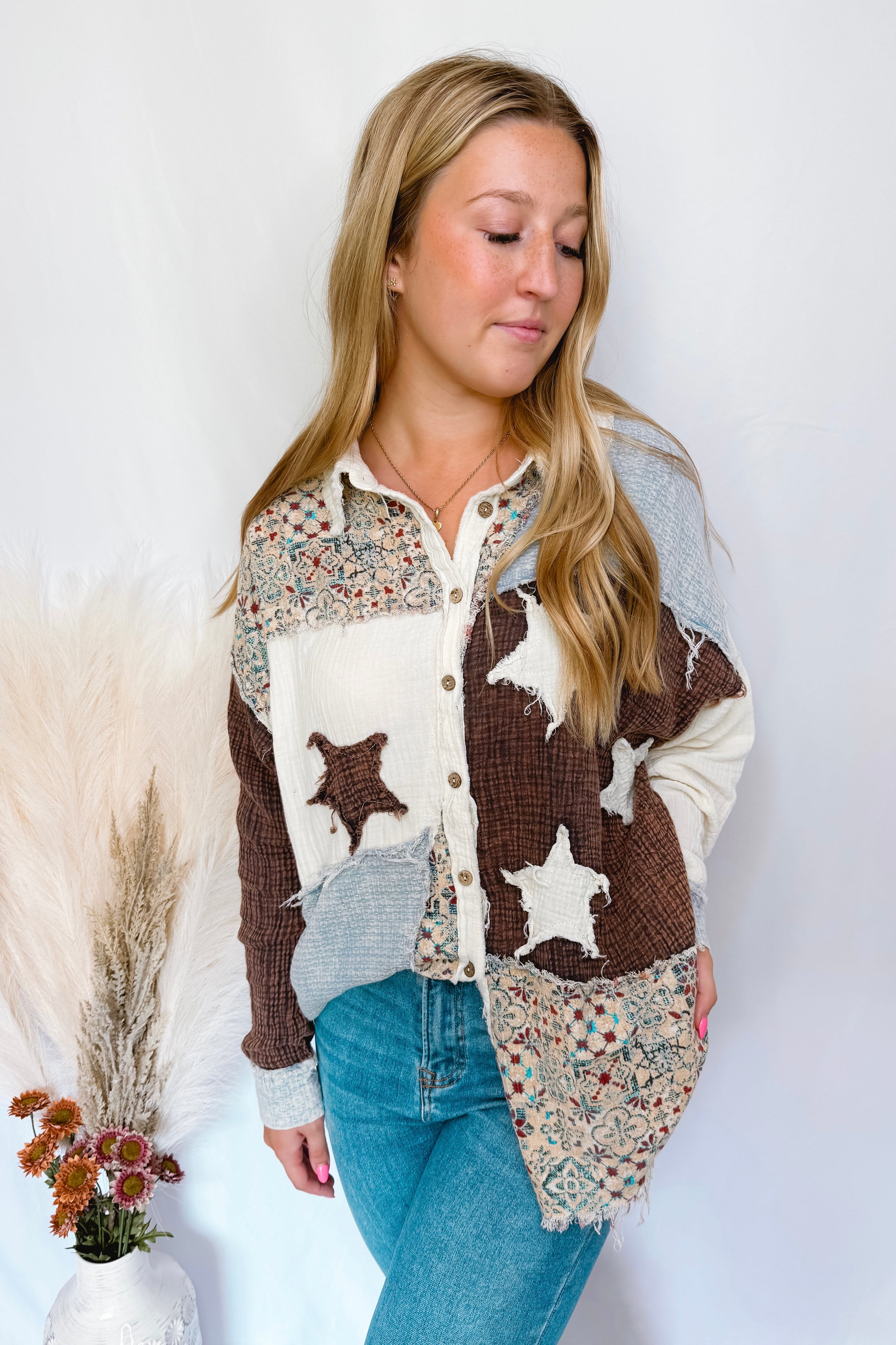 Shoot For The Stars Oversized Button Down Top - Ivory Multi