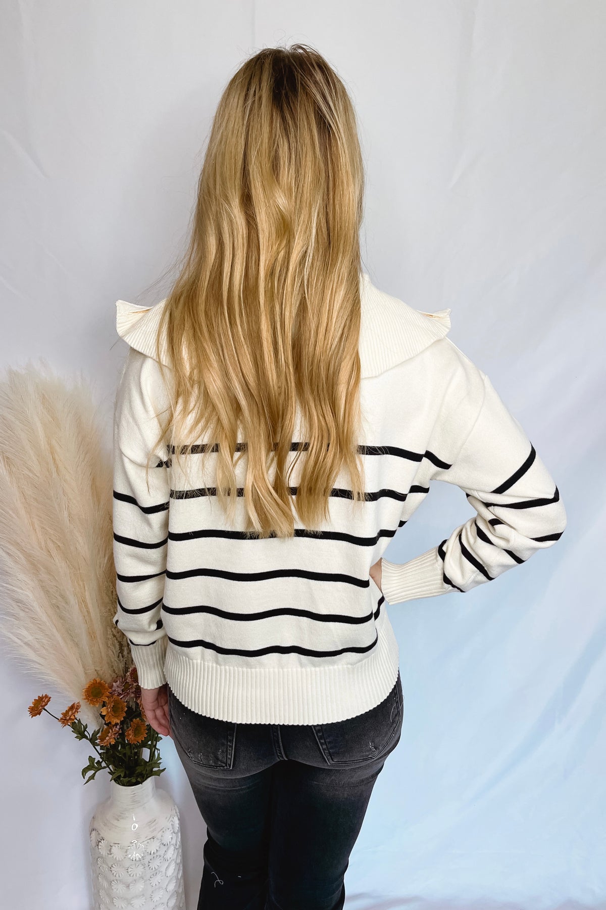 Warm Wishes Striped 1/4 Zip Sweater - Ivory/Black