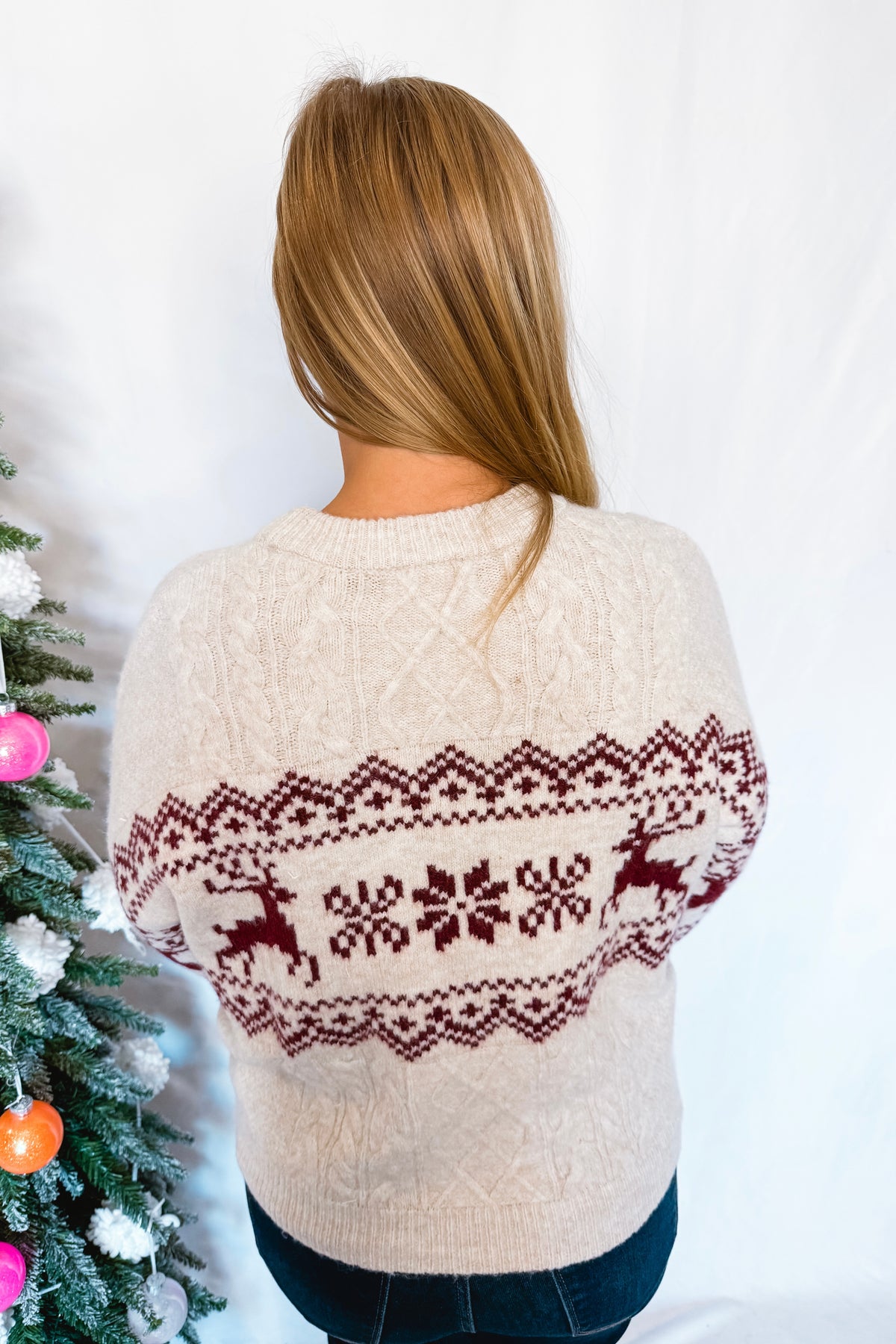 Snow Vibes Deer Crew Knit Sweater - Ivory