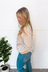 Breezy Touch Mixed Button Down Top - Taupe/Mix