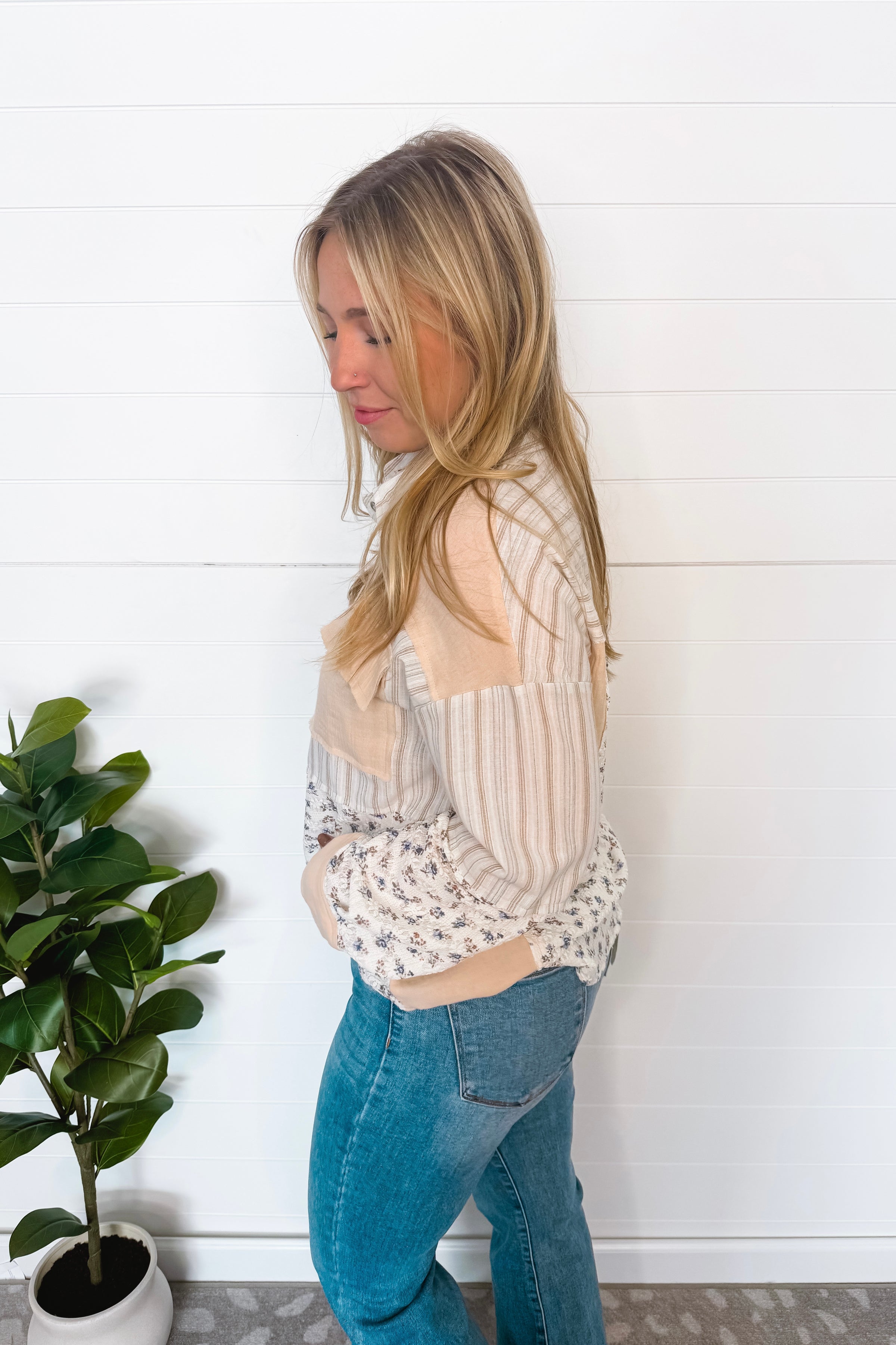 Breezy Touch Mixed Button Down Top - Taupe/Mix