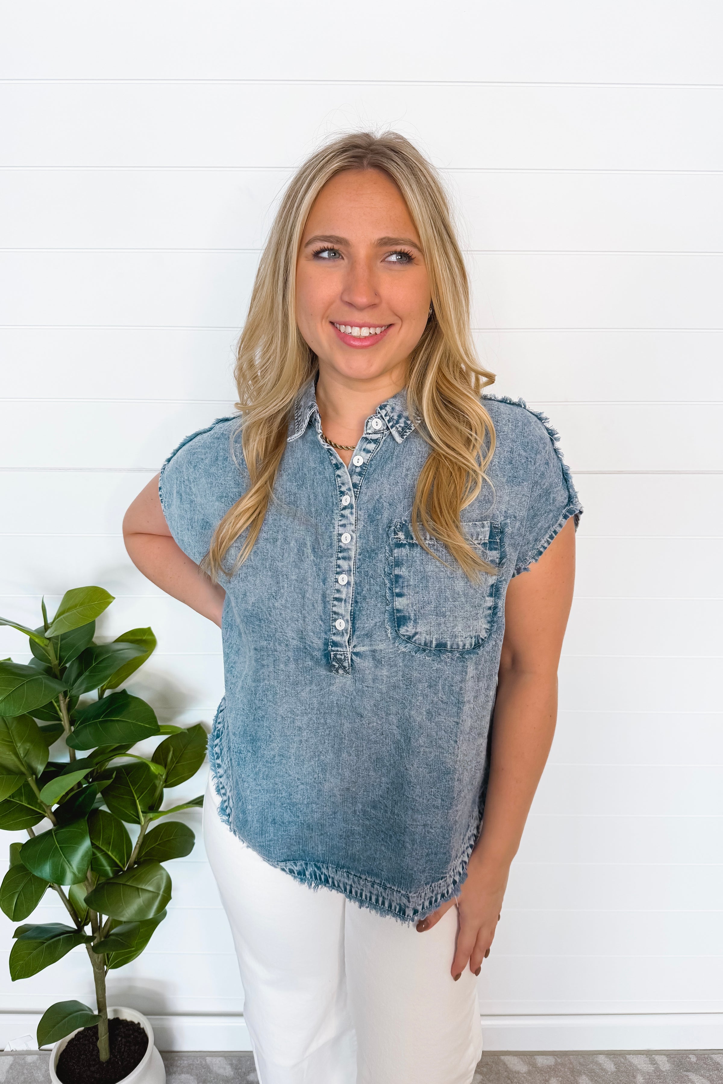 Sunny Love Chambray Henley Top - Light