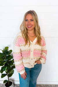 Soft Season Textured Knit Button Cardigan - Ivory/Pink