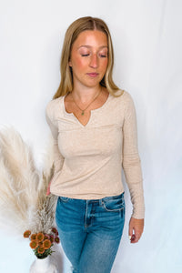 Courtney Notched V-Neck Long Sleeve Top - Oatmeal