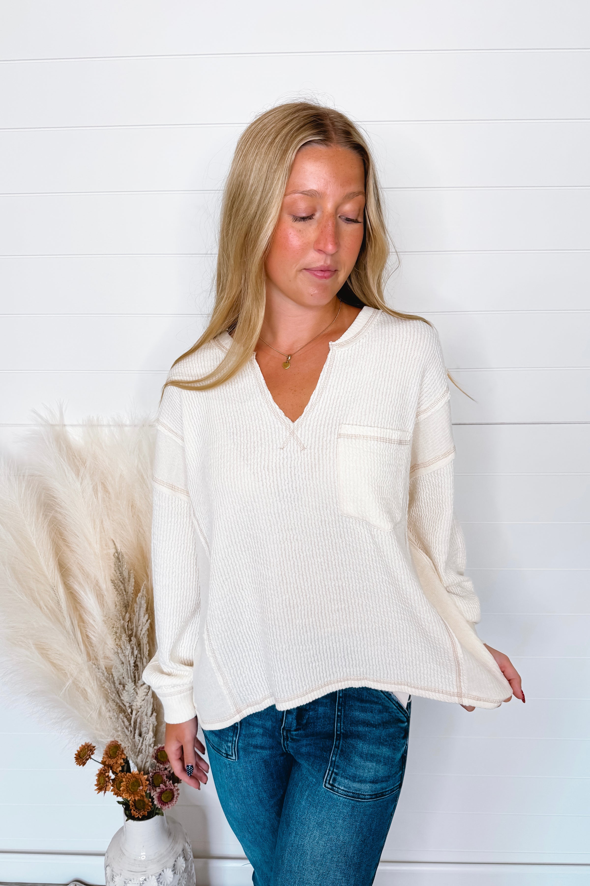 Simple Moments Raw Edge Ribbed Top - Ivory